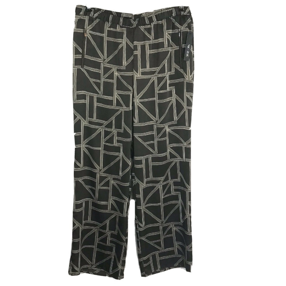 NIC+ZOE Pants Women Large Dark Brown Cream Geometric Print Elastic Waist Pockets